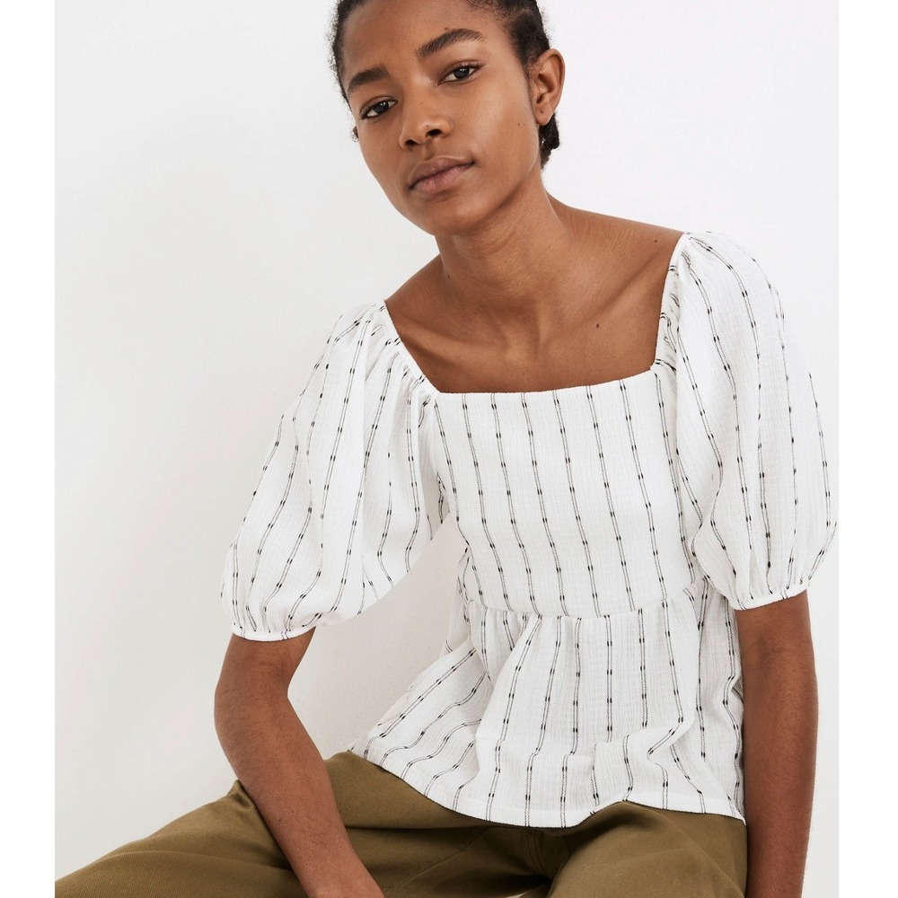 Madewell Blouse Puff Sleeve Babydoll M White Striped Top Boho Romantic Feminine